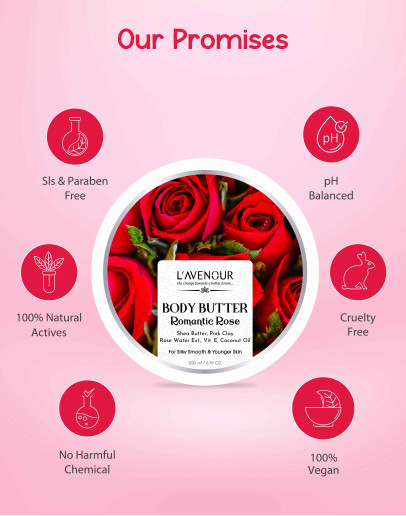 L'avenour Romantic Rose Body Butter 200ml | Enriched with Shea Butter, Pink Clay, Rose Water, Vitamin E, and Coconut Oil | Best for Dry Skin, Non-Greasy | Up to 72 hours of Moisturization