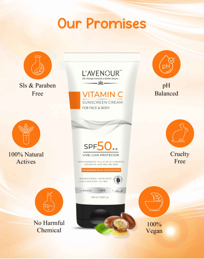 L’avenour Vitamin C Sunscreen, SPF 50 PA++ For UVB & UVA Protection, Light Weight, Non-Sticky & Water Proof Sunscreen for Face & Body | For All Outdoor Sports 100ml | Free Shipping On Prepaid Order | Buy Now & Get 25% OFF Now