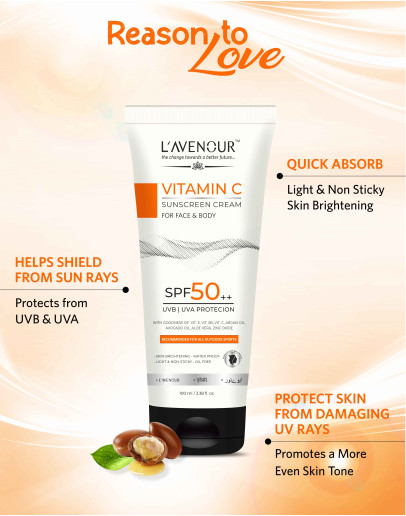 L’avenour Vitamin C Sunscreen, SPF 50 PA++ For UVB & UVA Protection, Light Weight, Non-Sticky & Water Proof Sunscreen for Face & Body | For All Outdoor Sports 100ml | Free Shipping On Prepaid Order | Buy Now & Get 25% OFF Now