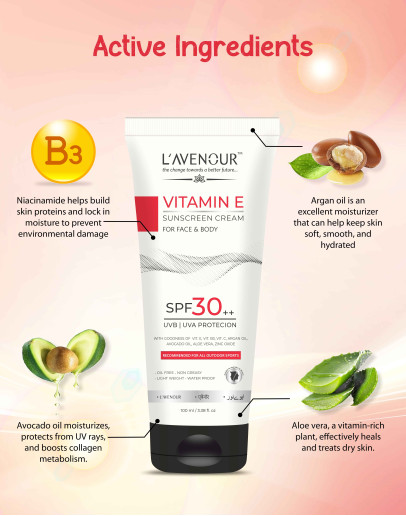 L’avenour Vitamin E Sunscreen, SPF 30++ For UVB & UVA Protection, Oil Free, Light Weight, Non-Greasy & Water Proof Sunscreen for Face & Body | For All Outdoor Sports 100ml
