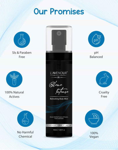 L'avenour Blue Intense Refreshing Body Mist infused with Steam Distilled Fusion of Flowers, Fruits & Herbs | Body Spray and Perfume For Long-lasting Fragrance | For Men & Women – 100 ml