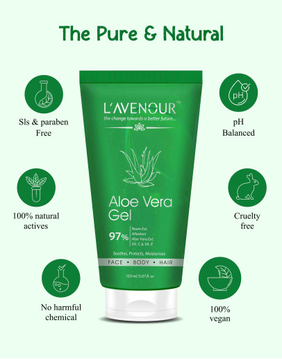 L'avenour Aloe Vera Gel for Face, Body & Hair with Pure Aloe Vera, Vitamin C, Vitamin E, Allantoin & Neem Extract 150ml