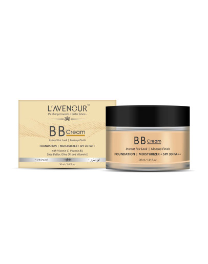 L'avenour BB Cream Instant Fair Look, Makeup Finish & UV Protection with Shea Butter, Olive Oil, Vitamin E, Vitamin B3, Vitamin C, SPF 30 PA++