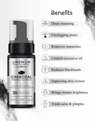 L'avenour Charcoal Foaming Facewash For Pollution & Oil Control | Face Wash For Deep Cleansing, Dirt Removal & Instant Brightening, Men & Women - 100ml