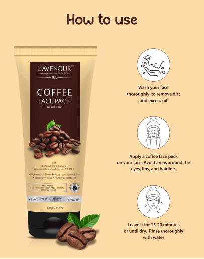 L'avenour Coffee Pack with Coffea Arabica, Caffeine, Niacinamide, Almond Oil, Vitamin A & E for Brighten and Younger Looking Skin | 100gm