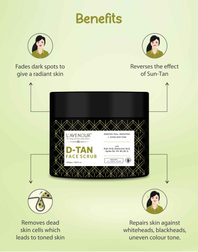 L'avenour D-Tan Scrub with Hyaluronic Acid & Jojoba Oil For Women & Men | Scrub For Deep Exfoliation, Blackhead & Dead Skin Remover 200gm